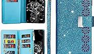 XYX Zipper Wallet Case for Samsung Galaxy J3 Orbit/J3 Star/J3 V 3rd Gen/J3 Achieve/J3 2018, Glitter Starry Laser PU Leather Flip Wallet Case with 9 Card Slots and Wrist Strap, Sky Blue
