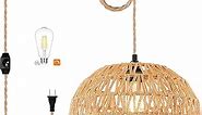 Plug in Pendant Light Rattan Hanging Lights with Plug in Cord Wicker Hanging Lamp with Woven Bamboo Basket Lamp Shade,Dimmable Switch,Boho Plug in Ceiling Light Fixtures for Kitchen,Farmhouse,Bedroom