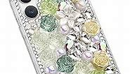 Ciwlrne is Suitable for Samsung Galaxy Galaxy S22 Ultra 6.8 3D Twinkle Hand Flash Diamond Luxury Fashionable Girl case Cover Flower. (Green)