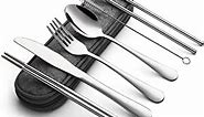 DEVICO Portable Utensils, Travel Camping Cutlery Set, 8-Piece including Knife Fork Spoon Chopsticks Cleaning Brush Straws Portable Case, Stainless Steel Flatware set (Silver)