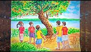 How to draw childhood memories scenery step by step | Village scenery drawing with child figures |