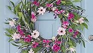 Spring Wreaths for Front Door Outside, Large Flower Summer Wreath, Daisy Pink Year Round Wreaths, Artificial Home Decor Decorations for Farmhouse Holiday (Pink)
