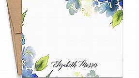 Personalized Floral Stationary with Envelopes, FLAT OR FOLDED, Watercolor Floral Stationery Set for Women, Blue and Green Personalized Floral Notecards with Envelopes, Choice of Colors and Quantity