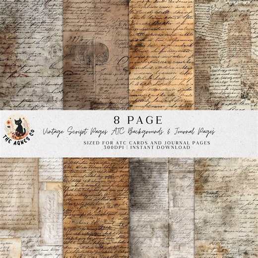 Vintage Script Pages ATC Backgrounds | Antique Handwritten Journal Pages (8 Pngs) - Etsy