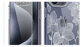 YOYORI Flower Pattern Designed for iPhone 15 Pro Max Case[with Screen Protector], Floral Clear Women Phone Case Shockproof Protective Soft TPU Bumper Cover 6.7 Inch 2023 (White Flowers)