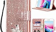 UEEBAI Wallet Case for iPhone SE 2022 5G/iPhone 7/iPhone 8/iPhone SE 2020, Premium Glitter PU Leather Phone Case Card Slots Case Magnetic Handbag Hand Strap Flip Cover for iPhone SE3/SE2 - Rose Gold