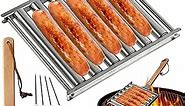 Hot Dog Roller for Grill, Stainless Steel Sausage Roller with Long Wooden Handle Hotdog Roller for Evenly Grilled Hot Dog, Holding 5 Hot Dog BBQ Accessories