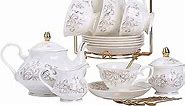 Daveinmic 22-Pieces Porcelain Bone china Tea Sets,Gold Rim Coffee Set with Golden Metal Rack,Cups,Saucers,Spoons,Teapot,Sugar Bowl,Creamer Pitcher,Tea Gift Sets for Home&Party(Gold Rim phoenix set)