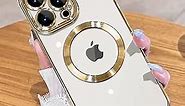 Magnetic Metallic Glossy Clear for iPhone 13 Pro Case with Full Camera Cover Protection [No.1 Strong N52 Magnets] [with Top Class Screen Protector] for MagSafe Women Girls Phone Case (6.1")-Gold