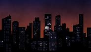 Download City skyline in silhouette at dusk with glowing house party lights flashing from the windows. Full HD and looping urban nightlife background animation. for free