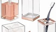 mDesign Plastic Bathroom Vanity Countertop Accessory Set - Includes,Soap Dispenser, Toothbrush Holder, Lidded Canister, and Tumbler Rinsing Cup; Lumiere Collection - Set of 4 - Clear/Rose Gold