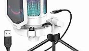 FIFINE AmpliGame USB Microphone, PC Gaming Recording Desktop Laptop Mic, RGB Streaming Podcasting Condenser Mic for Online Game, Vocal, with Mute Button, Gain Knob, Tripod Stand-A6V White