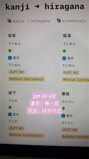 JLPT N2 Study With Me Using Notion Day 4 - 漢字：伸・低 & 文法：ばかりだ