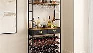 ALCARICIO Wine Rack Freestanding Floor with Wine Glasses Holder, Liquor Cabinet Bar for Home, 2 Storage Drawers, Bar Cabinet with Shelves and Tabletop, Home Bar, Liquor and Wine Storage, Bottle Rack