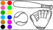 How to Draw a BaseBall Bat Glove Ball Coloring Pages | Learn colors for children Toddlers Kids