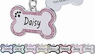 Aimeng Personalized Stainless Steel Pet ID Tags with Glittery Bone Design - DEEP Engraved Dog Tags Engraved for Pets Customized with 5 Lines Dogs and Cats Pets Gift (Large, Pink)