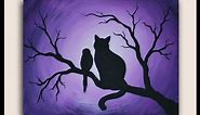 Acrylic Painting Cat and Bird Silhouette Painting on Canvas