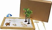 Mini Japanese Desktop Zen Garden, A Day at The Beach,Table Décor Kit with Accessories, Chakra Stones, for Kids, Adults, Sandbox Gift Set with Natural Sand, Wooden Tray, Lid, Rakes, Rocks