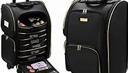 Large Capacity Softed Sided PU Leather Trolley Makeup Train Case Cosmetics Travel Storage Organizer with Wheels Black Rolling Make up Vanity Case with Small PVC pouches
