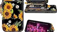 LAMEEKU iPhone Xs Wallet Case, iPhone X Card Holder Case, Floral Sunflower Pattern Zipper Leather Case with Credit Card Slot Strap Flower, Protective Cover for iPhone Xs/X 5.8''-Sunflower