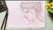 How to Draw a Girl with Flower Crown Easily || Princess Drawing Pencil Sketch||Side face drawing