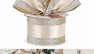 HUIHUANG Champagne Gold Wired Satin Ribbon with Glitter Stripe Edges 2.5 inch, Champagne Christmas Ribbon for Tree, Bows Making, Wreath Supplies, Gift Wrapping Garland, Home Decor, Crafts -10 Yards