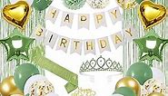 Sage Green Birthday Decorations for Women Girls Gold and Green Party Decor Set with Happy Birthday Banner and Balloons, Sash and Crown, Curtains, Balloon Decorations Kit