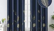 Estelar Textiler Blackout Curtains for Living Room 84 Inches Long Gold Palm Tree Printed Thermal Insulated Room Darkening Curtains for Bedroom, Navy Blue, 52Wx84L, 2 Panels