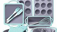 Silicone Bakeware Sets, 10in1 Silicone Baking Pans Set, Baking Set, Bundt Cake Pan Set Muffin Pan with Silicone Spatulas Pastry Brush Oven Mitts Whisk, Silicone Baking Pan Set for Cheesecake (Blue)