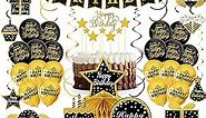 Turypaty Black Gold Happy Birthday Decorations Kit for Men Women, 42Pcs Birthday Party Supplies - Banner, balloons, Honeycombs, Centerpieces, Hanging Swirls, Cake Toppers, Bday Ceiling Table Topper