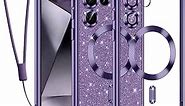 Glitter Series Case for Samsung Galaxy S24 Ultra, [Compatible with MagSafe] [Glitter Card & Wrist Strap] Full Camera Lens Protection Case Designed for Women Girls 6.8", Violet Titanium