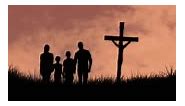 Animation of silhouette of Christian cross and family with two...