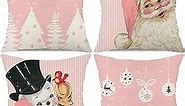 Christmas Decorations Pillow Covers 18x18 Set of 4 Pink Stripes Santa Snowman Snowflake Merry Christmas Tree Let It Snow Hello Winter Holiday Pillows Decorative Throw Cushion Case for Sofa Couch