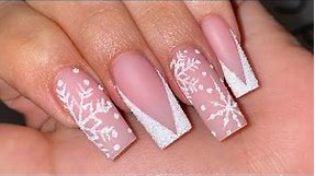 Christmas Nails 2021 | Acrylic Full Set | Snowflake Nail Design | Sugar Glitter Nails | French V Tip