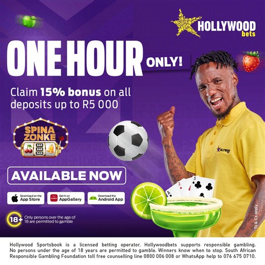 Welcome to Happy Hour! For sixty minutes only, Hollywoodbets is giving you 15% of your deposit back as a bonus to be used on Soccer or Live Casino, On 25 June from 12pm to 1pm. The minimum you can deposit is R1 and the maximum is R5 000. Be quick on the draw to take full advantage of this awesome promotion! 🔥 #Casino #SpinaZonke #Hollywoodbets #HWBTWT