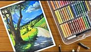 Oil Pastel Scenery Drawing - step by step / mountain Landscape Painting with Oil Pastel