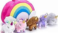 Stuffed Toy Unicorn Animal Set – Set of 5 Stuff Toys for Toddlers - with Rainbow Carry Bag - 2 Unicorns, Kitty, Puppy, and Narwhal – Toddler Birthday Gift for Girl Idea Age 3, 4, 5, 6, 7, 8 Year Old