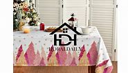 Horaldaily Christmas Tablecloth 60×140 Inch, Pink Trees Golden Snow Washable Table Cover for Party Picnic Dinner Decor