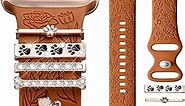 DaQin Flower Engraved Band Compatible with Apple Watch Bands 40mm for Women 38mm 41mm, Soft Silicone Sport Band With Decorative Apple Watch Charms for iWatch Series 9 8 7 6 5 4 3 2 1 SE (With Band)