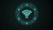 Blue digital WIFI logo with rotation HUD circle technology interface and futuristic elements
