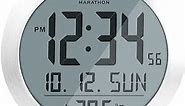 MARATHON 8-Inch Round Digital Wall Clock, Stainless Steel - Large, Easy-to-Read Display - AM/PM or 24-Hour Time, Eight Time Zones, Indoor Temperature, Date