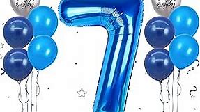 40 Inch Blue Number 7 Balloon, 7th Birthday Balloons, 11Pcs Silver Birthday Print Balloons Dark Light Blue Latex Balloons 7 Foil Balloons for Kids Boy Girl 7th Birthday Party Decorations Anniversary