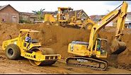 Excavator Dump Trucks Motor Grader Compactor Busy Working On Toll Road Construction