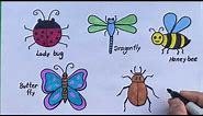 Easy Insects drawing. Easy Ladybug, dragonfly, honeybee, beetle bug drawing and coloring for kids