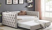 Antetek Daybed with Trundle, Modern Upholstered Full Size Button-Tufted Sofa Bed Frame with A Roll-Out Trundle, No Box Spring Needed, Furniture for Bedroom Living Room Guest Room (Beige, Full)