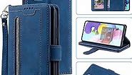 EYZUTAK Wallet Phone Case for Samsung Galaxy A51(4G), Retro Matte 9 Card Holder Slots Zipper Pocket Case PU Leather Magnetic Closure Kickstand with Wrist Strap Shockproof Folio Flip Case-Blue