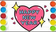 How to Draw Happy New Year Heart | New Year Card Easy Drawing for Kids