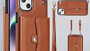 JYYVE for iPhone 14 Case 6.1 Inch, Crossbody Purse Wristlet Shoulder Strap Trendy Protective Cover for iPhone 14 (Brown)