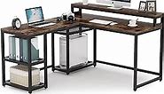 Tribesigns Reversible L-Shaped Desk with Monitor Stand, 59x55 inch Large Corner Computer Desk Industrial Home Office Desk Rustic Study Writing Table with Storage Shelves(Brown)