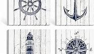 Nautical Wall Art Beach Home Decor Boat Anchor Paintings Helm Drawing Compass Lighthouse Rustic Style Pictures Dark Blue Artwork Ready to Hang for Bathroom Living Room 12x12 Inch, 4 Panels